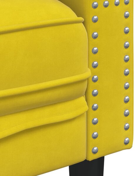 3 személyes sárga bársony Chesterfield kanapé hengerpárnákkal