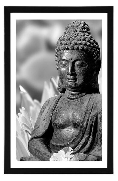 Poszter paszportuval békés Buddha fekete-fehérben