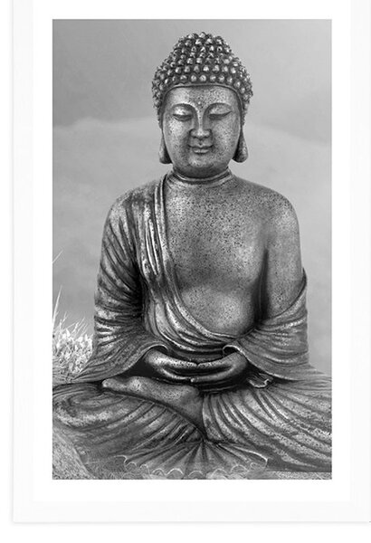 Poszter paszportuval Buddha szobra meditáló helyzetben fekete-fehérben