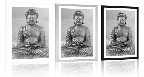Poszter paszportuval Buddha szobra meditáló helyzetben fekete-fehérben