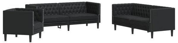 3 részes fekete műbőr Chesterfield kanapégarnitúra