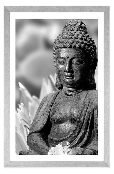 Poszter paszportuval békés Buddha fekete-fehérben