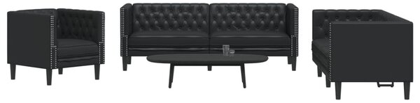 3 részes fekete műbőr Chesterfield kanapégarnitúra