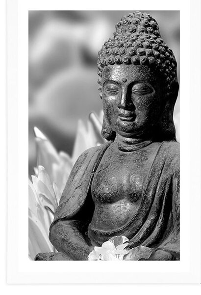 Poszter paszportuval békés Buddha fekete-fehérben