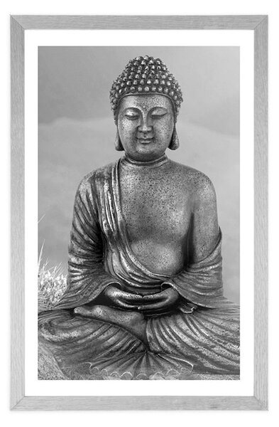 Poszter paszportuval Buddha szobra meditáló helyzetben fekete-fehérben
