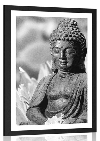 Poszter paszportuval békés Buddha fekete-fehérben