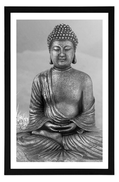 Poszter paszportuval Buddha szobra meditáló helyzetben fekete-fehérben