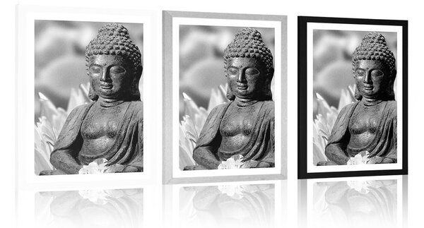Poszter paszportuval békés Buddha fekete-fehérben
