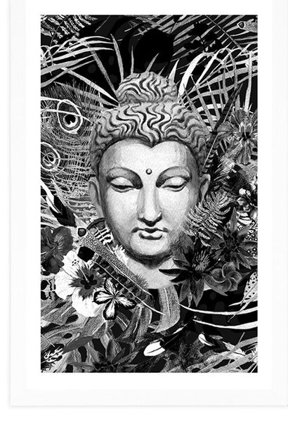 Poszter paszportuval Buddha exotikus háttéren fekete fehérben