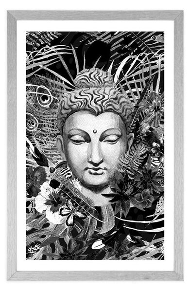 Poszter paszportuval Buddha exotikus háttéren fekete fehérben