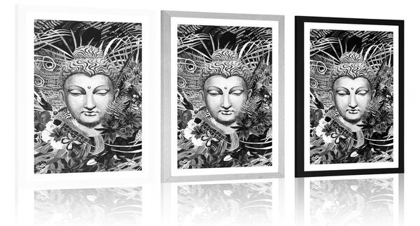 Poszter paszportuval Buddha exotikus háttéren fekete fehérben