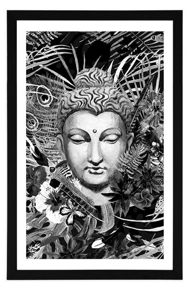 Poszter paszportuval Buddha exotikus háttéren fekete fehérben