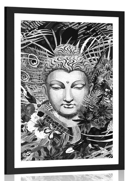 Poszter paszportuval Buddha exotikus háttéren fekete fehérben