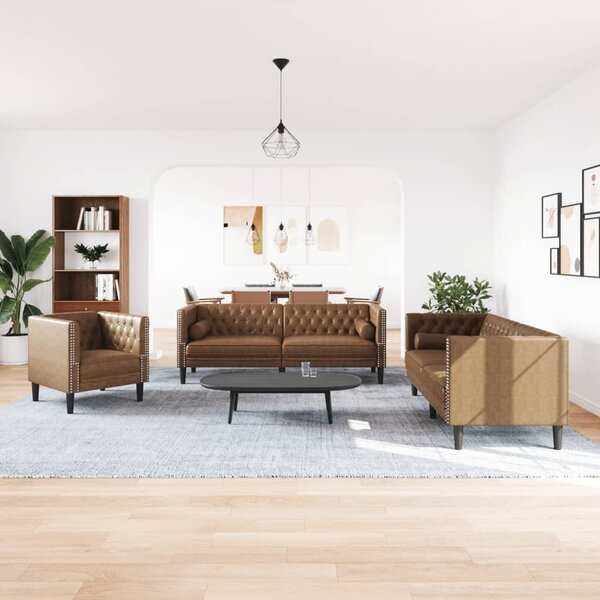 3 részes barna művelúr Chesterfield kanapészett hengerpárnákkal