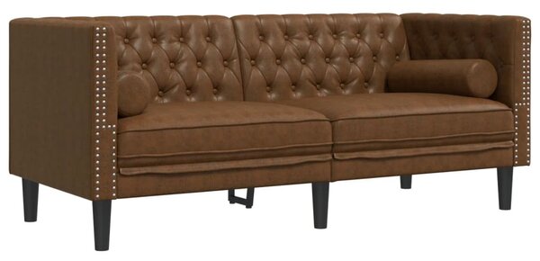 3 részes barna művelúr Chesterfield kanapészett hengerpárnákkal