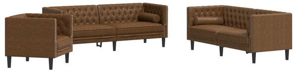 3 részes barna művelúr Chesterfield kanapészett hengerpárnákkal