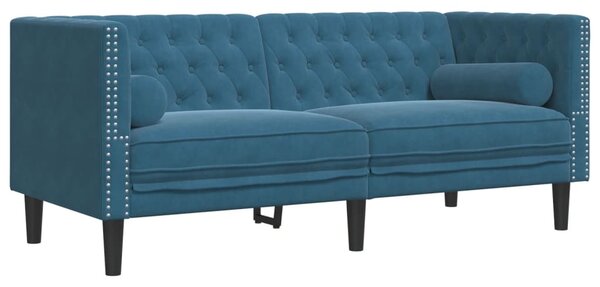 2 részes kék bársony Chesterfield kanapészett hengerpárnákkal
