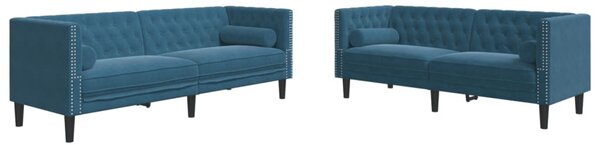 2 részes kék bársony Chesterfield kanapészett hengerpárnákkal
