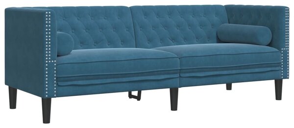 3 részes kék bársony Chesterfield kanapészett hengerpárnákkal