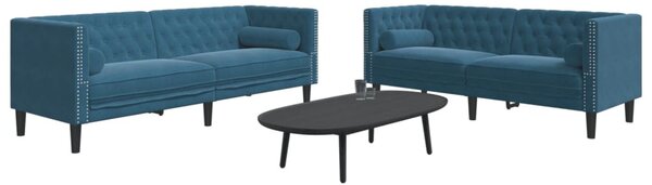 2 részes kék bársony Chesterfield kanapészett hengerpárnákkal