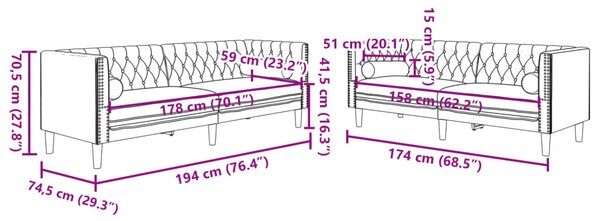 2 részes fekete bársony Chesterfield kanapészett párnákkal