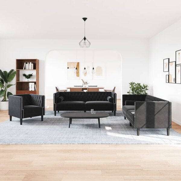 3 részes fekete bársony Chesterfield kanapészett párnákkal