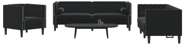 3 részes fekete bársony Chesterfield kanapészett párnákkal