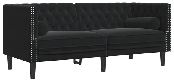 3 részes fekete bársony Chesterfield kanapészett párnákkal
