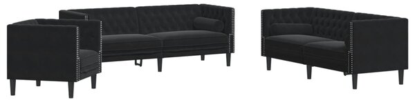 3 részes fekete bársony Chesterfield kanapészett párnákkal
