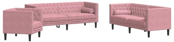3 részes rózsaszín bársony Chesterfield kanapészett párnákkal