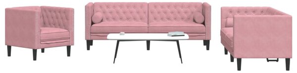 3 részes rózsaszín bársony Chesterfield kanapészett párnákkal