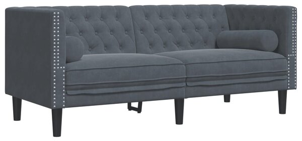 2 részes sötétszürke bársony Chesterfield kanapészett párnákkal