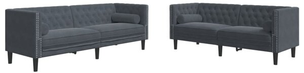2 részes sötétszürke bársony Chesterfield kanapészett párnákkal
