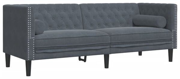 2 részes sötétszürke bársony Chesterfield kanapészett párnákkal