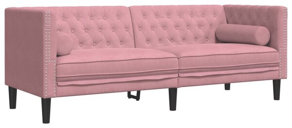3 részes rózsaszín bársony Chesterfield kanapészett párnákkal