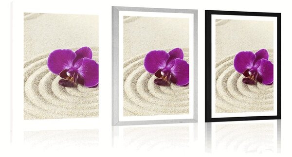 Poszter paszportuval homokos Zen kert lila orchideával