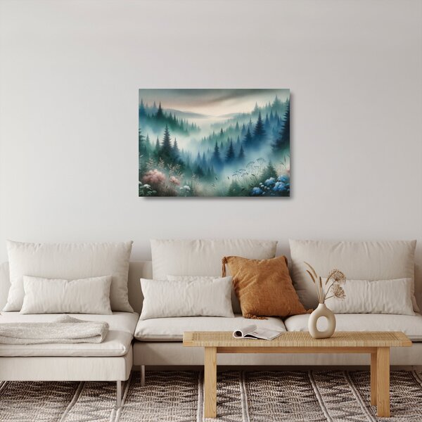 Üveg kép - Erdős táj köddel (70x50 cm)
