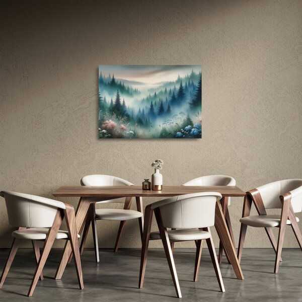 Üveg kép - Erdős táj köddel (70x50 cm)