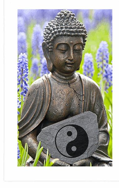 Poszter paszportuval jin és jang jel Buddha kezében