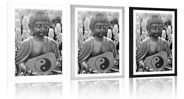 Poszter paszportuval jin és jang jel Buddha kezében fekete fehérben