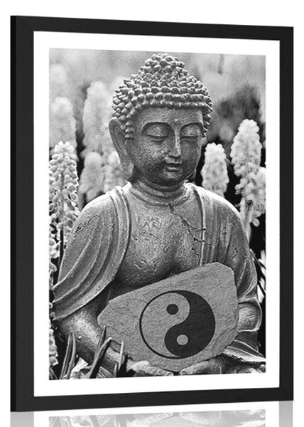 Poszter paszportuval jin és jang jel Buddha kezében fekete fehérben