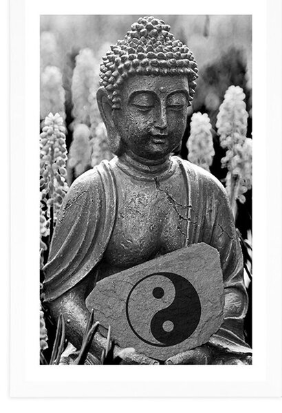 Poszter paszportuval jin és jang jel Buddha kezében fekete fehérben