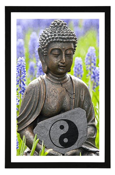 Poszter paszportuval jin és jang jel Buddha kezében