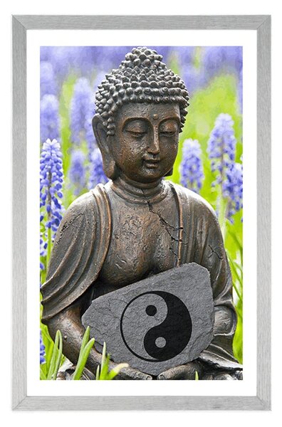 Poszter paszportuval jin és jang jel Buddha kezében