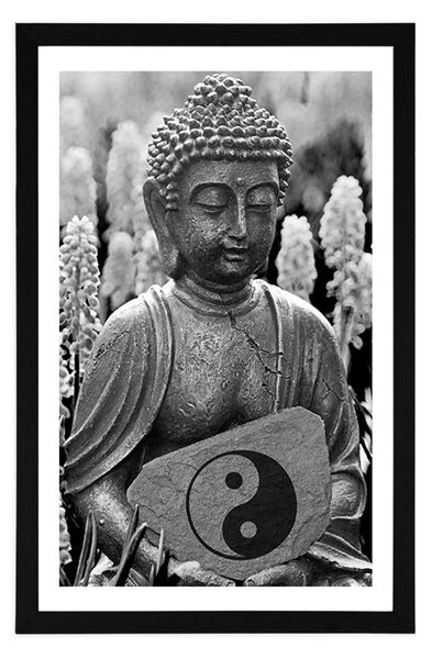 Poszter paszportuval jin és jang jel Buddha kezében fekete fehérben