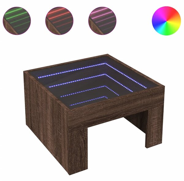 Barna tölgy végtelen hatású LED-es dohányzóasztal 50x50x30 cm