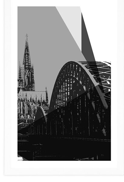 Poszter paszportuval Köln város illusztrációja fekete fehérben