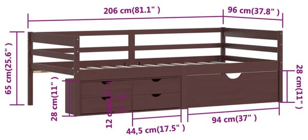 Sötétbarna fenyőfa ágykeret fiókokkal és szekrénnyel 90x200 cm