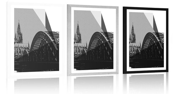 Poszter paszportuval Köln város illusztrációja fekete fehérben