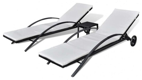 VidaXL Napozóágy Szett - 2 db + Asztal - Fekete Polyrattan